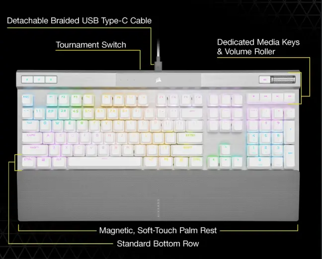 CORSAIR CH-910951A-NA K70 PRO RGB Optical-Mechanical Gaming Keyboard with PBT DOUBLE SHOT PRO Keycaps — White 910951A