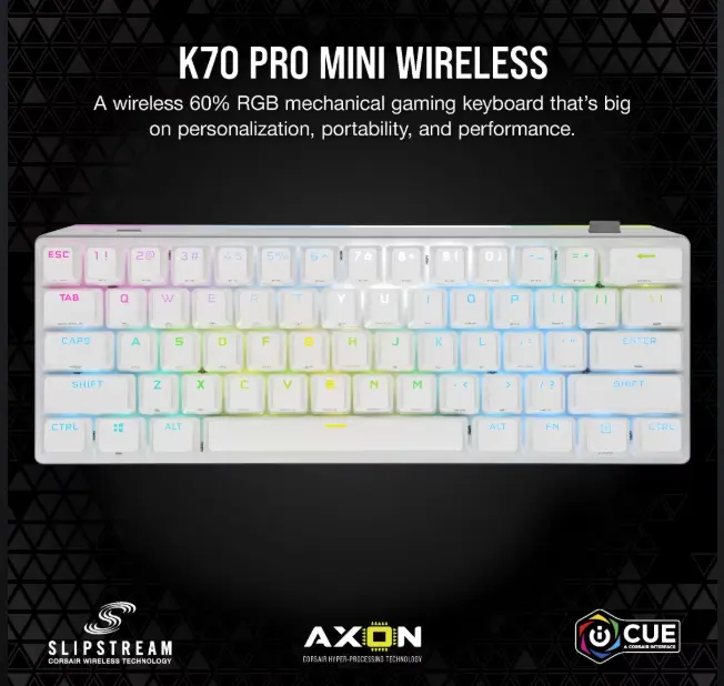 CORSAIR CH-9189114-NA0 PRO MINI WIRELESS 60% Mechanical CHERRY MX Speed Switch Keyboard with RGB Backlighting - White 9189114